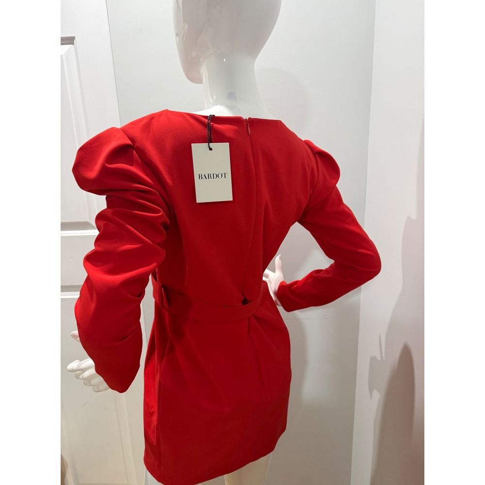 Bardot Red Deep V Neck Puff Sleeve Belted Mini Dress Women's US 6/S NWT - Picture 10 of 12